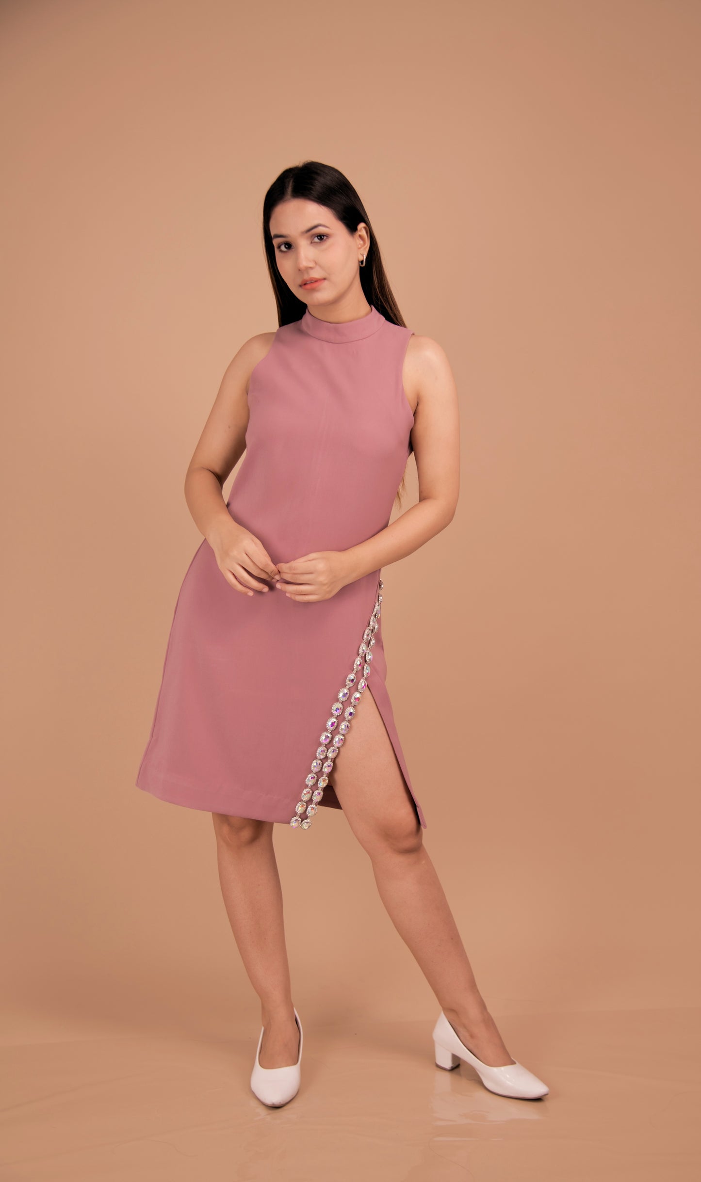 Blush Enchant — Crystal-Trimmed Side-Slit Dress