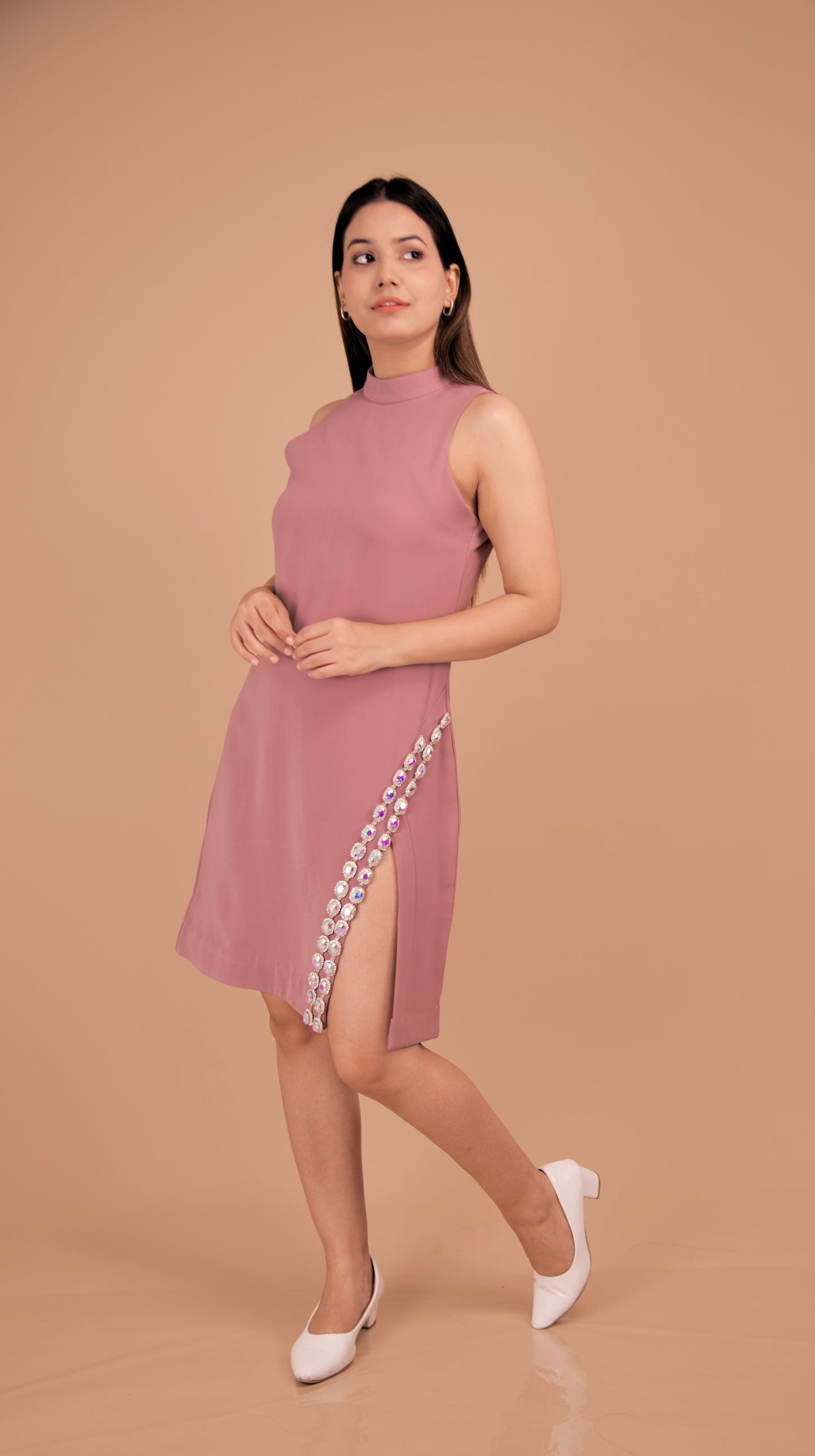 Blush Enchant — Crystal-Trimmed Side-Slit Dress