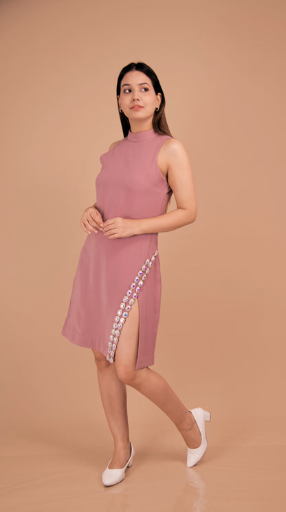Blush Enchant — Crystal-Trimmed Side-Slit Dress