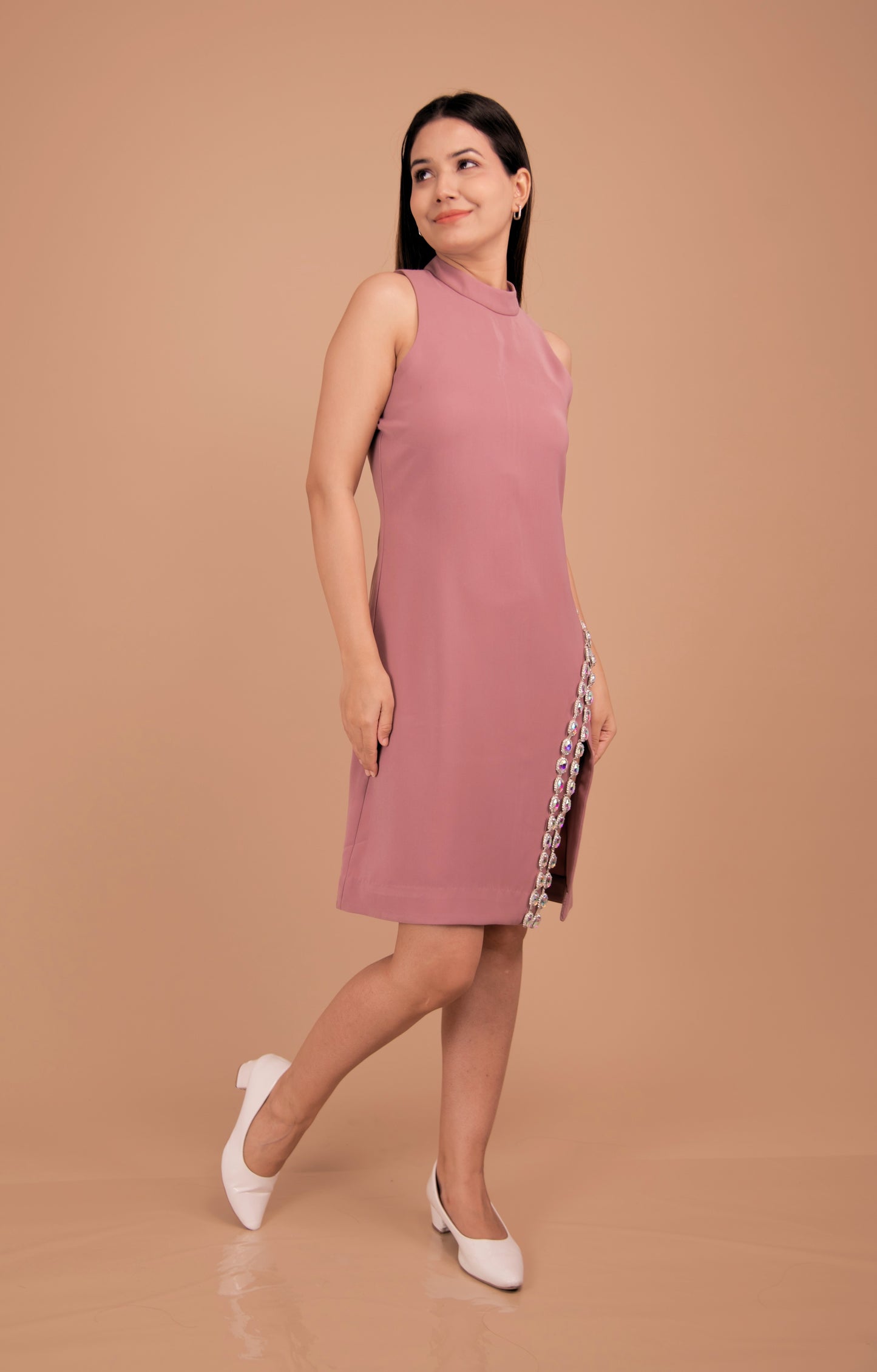 Blush Enchant — Crystal-Trimmed Side-Slit Dress