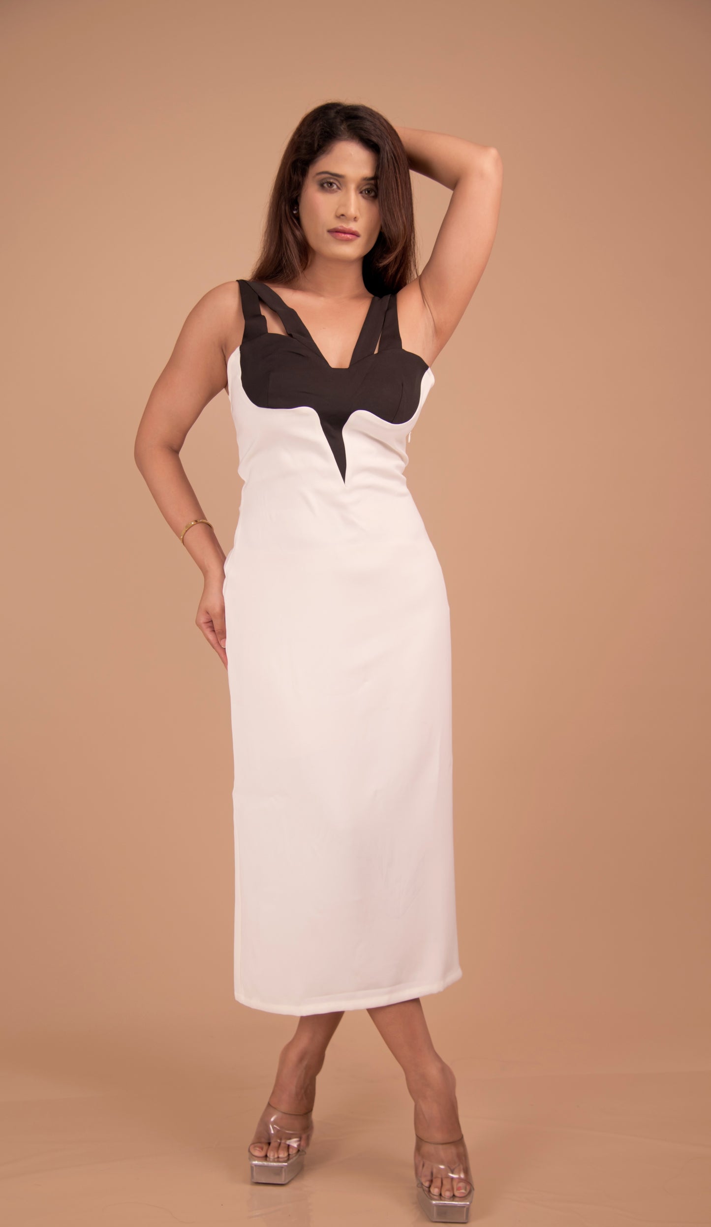 Monochrome Muse — Two-Tone Bodycon Midi Dressel Midi Gown