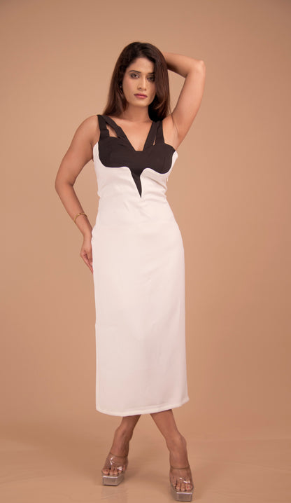 Monochrome Muse — Two-Tone Bodycon Midi Dressel Midi Gown