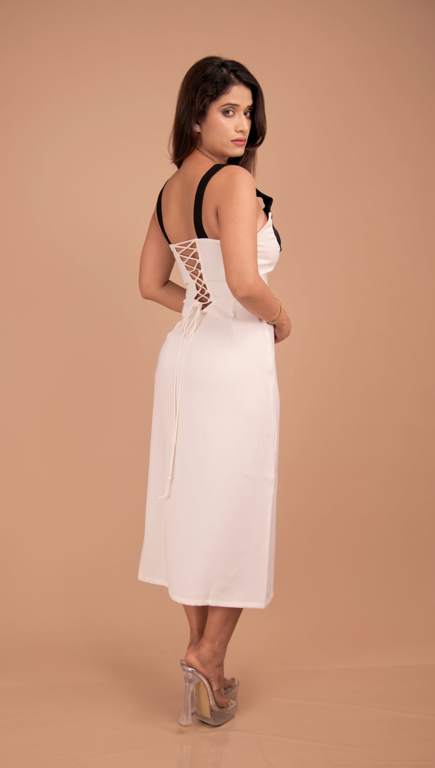Monochrome Muse — Two-Tone Bodycon Midi Dressel Midi Gown