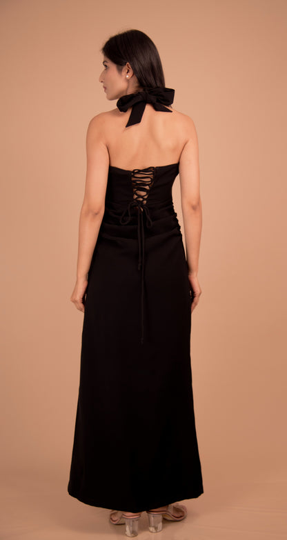 Obsidian Halo — Plunge Halter Crepe Dress