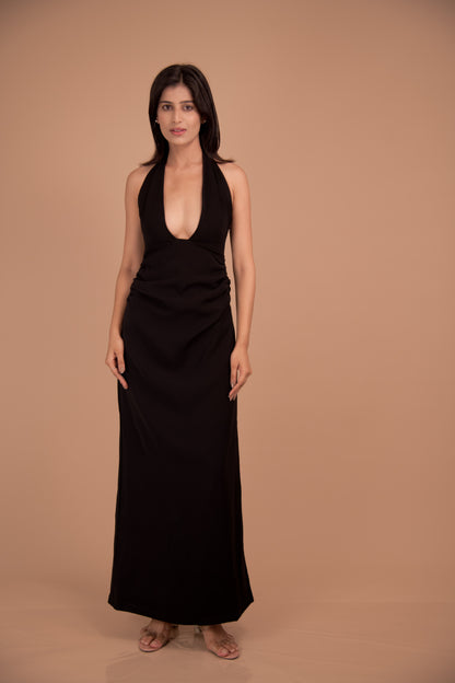 Obsidian Halo — Plunge Halter Crepe Dress