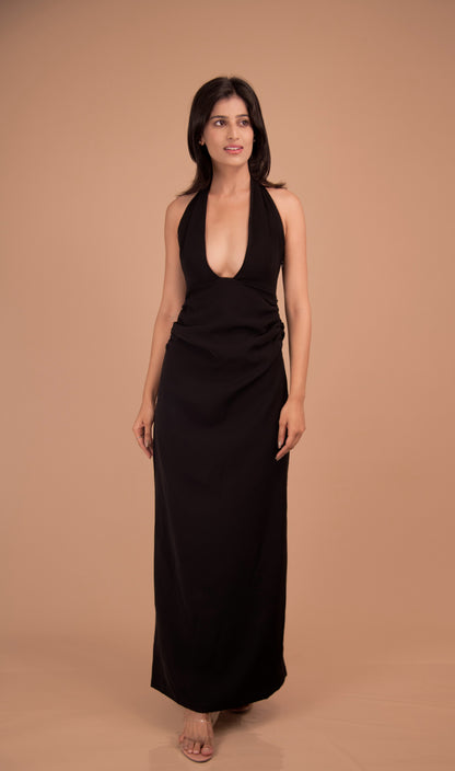 Obsidian Halo — Plunge Halter Crepe Dress