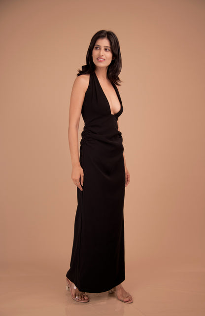 Obsidian Halo — Plunge Halter Crepe Dress
