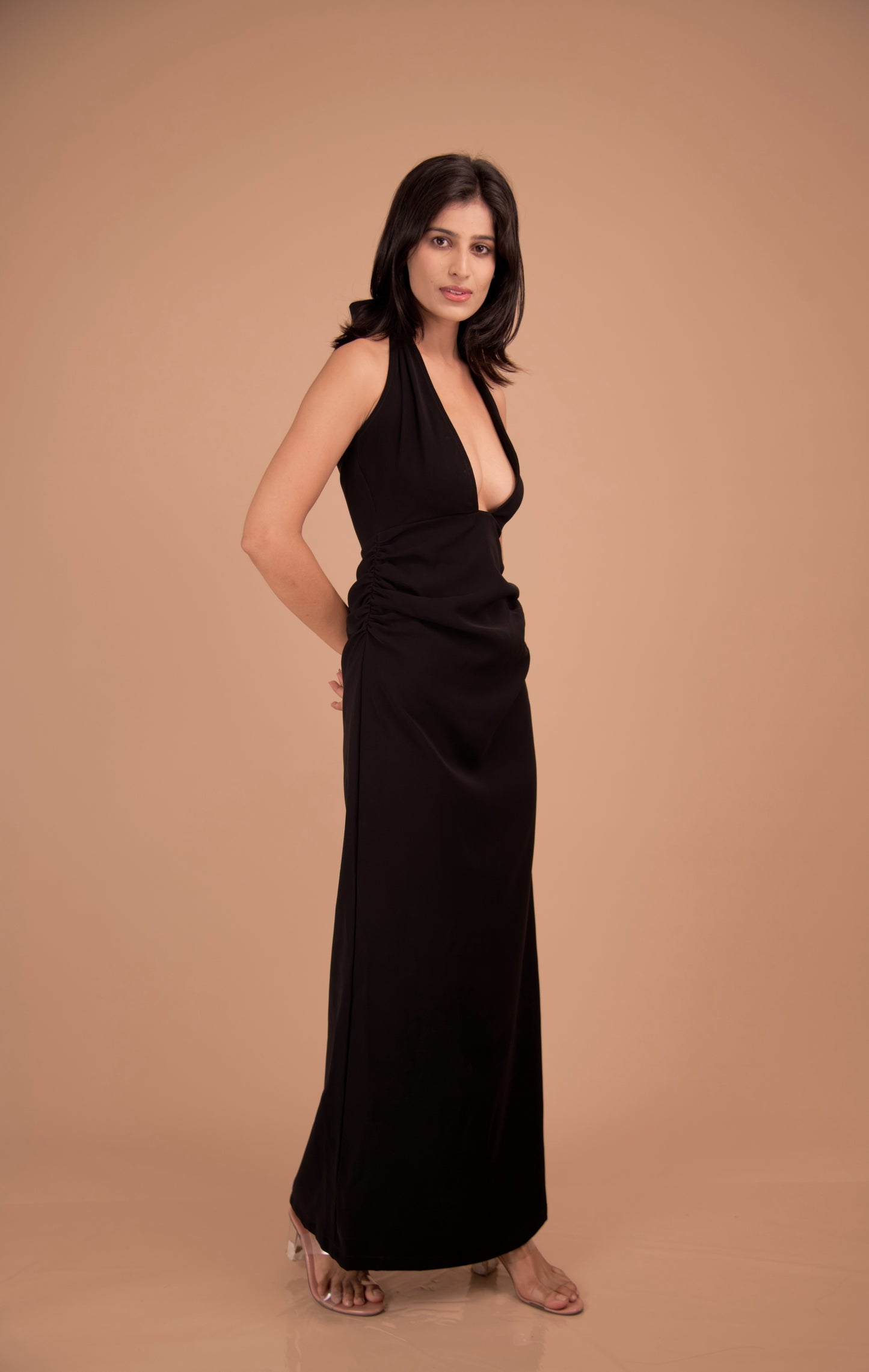 Obsidian Halo — Plunge Halter Crepe Dress