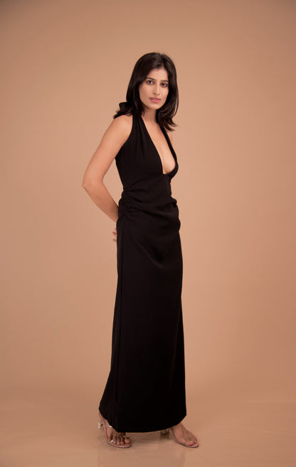 Obsidian Halo — Plunge Halter Crepe Dress