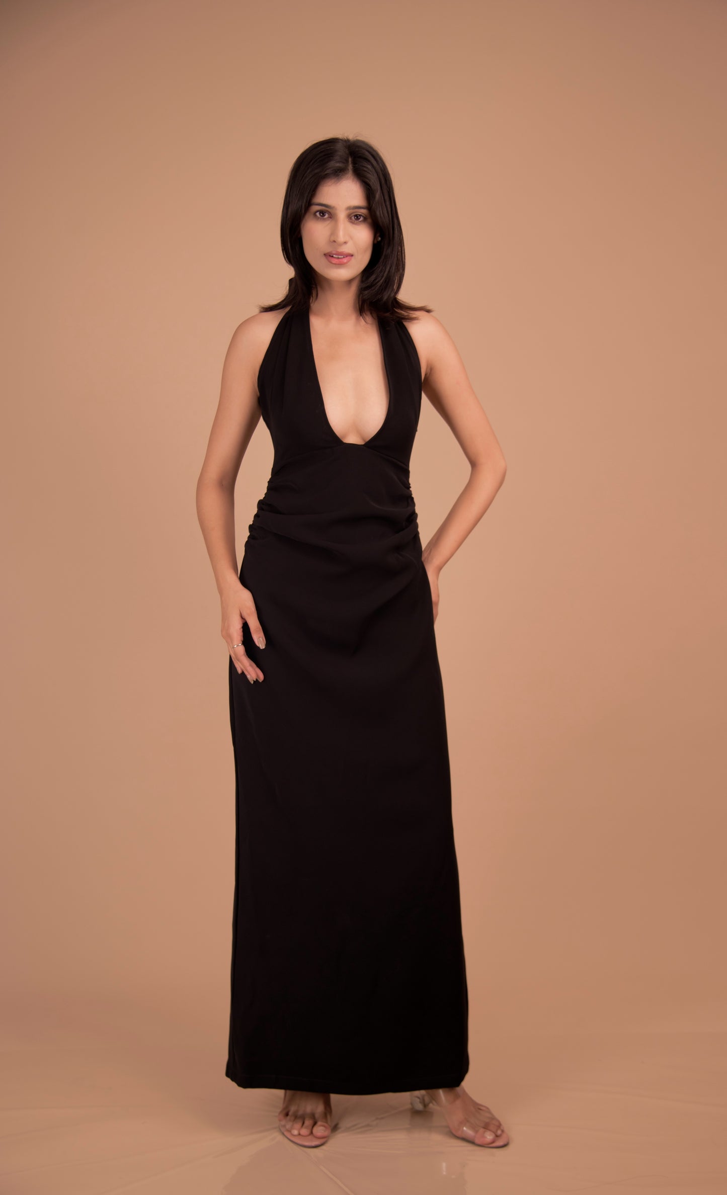 Obsidian Halo — Plunge Halter Crepe Dress