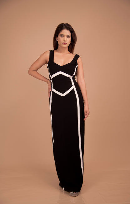 Noir Cadence — Contrast-Piped Evening Gown