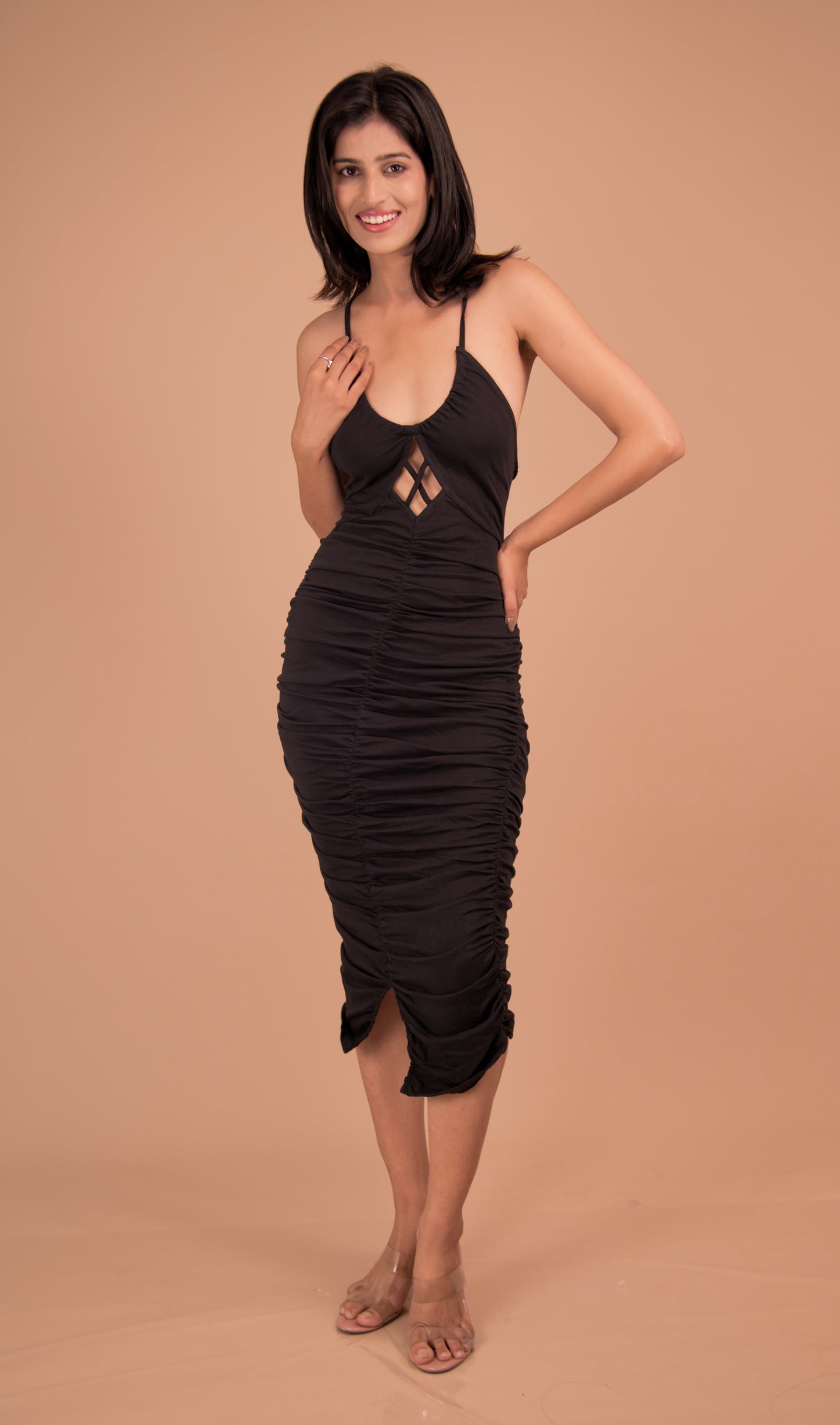 Midnight Allure — Ruched Cutout Midi