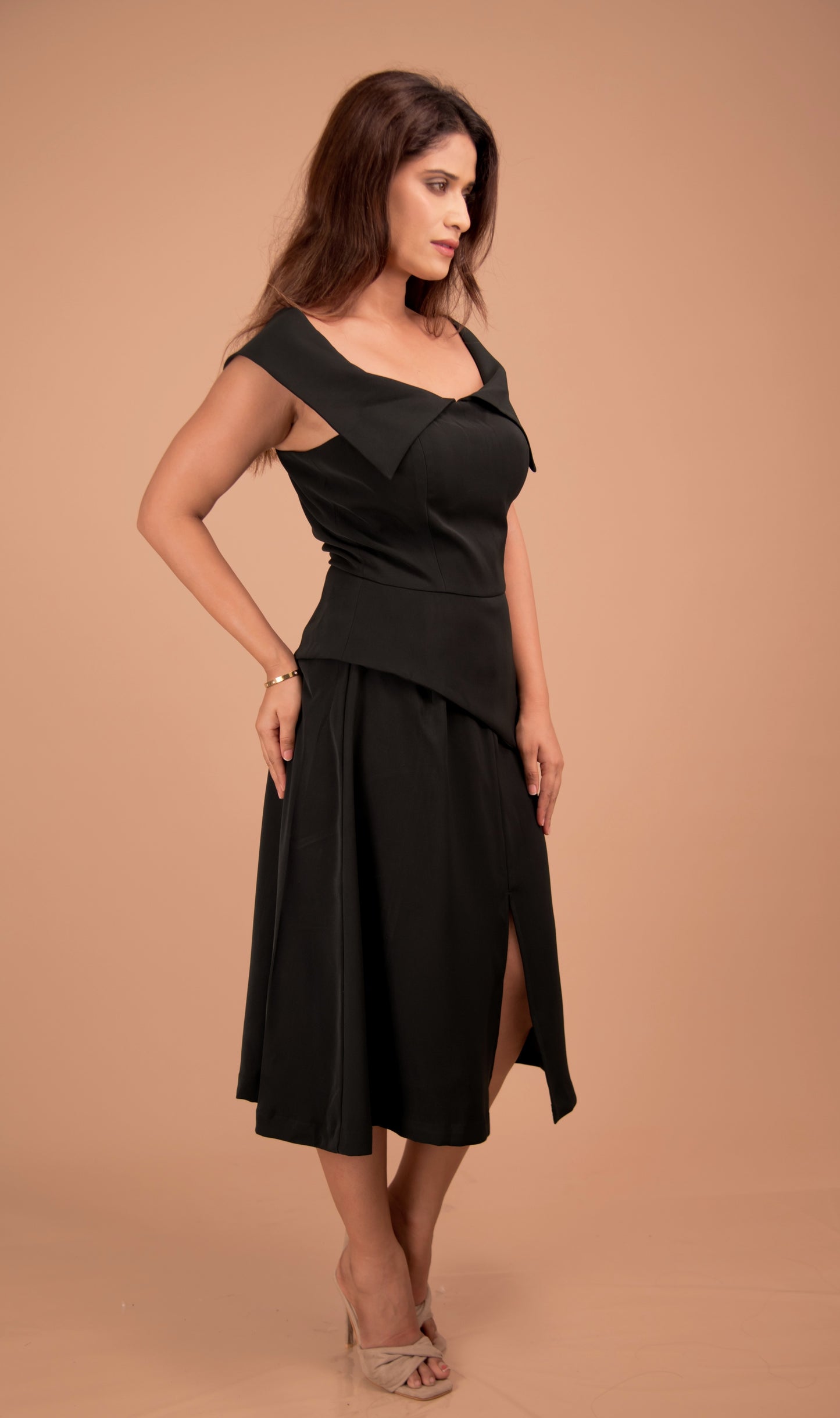 Midnight Sculpt — Asymmetric Neckline Dress