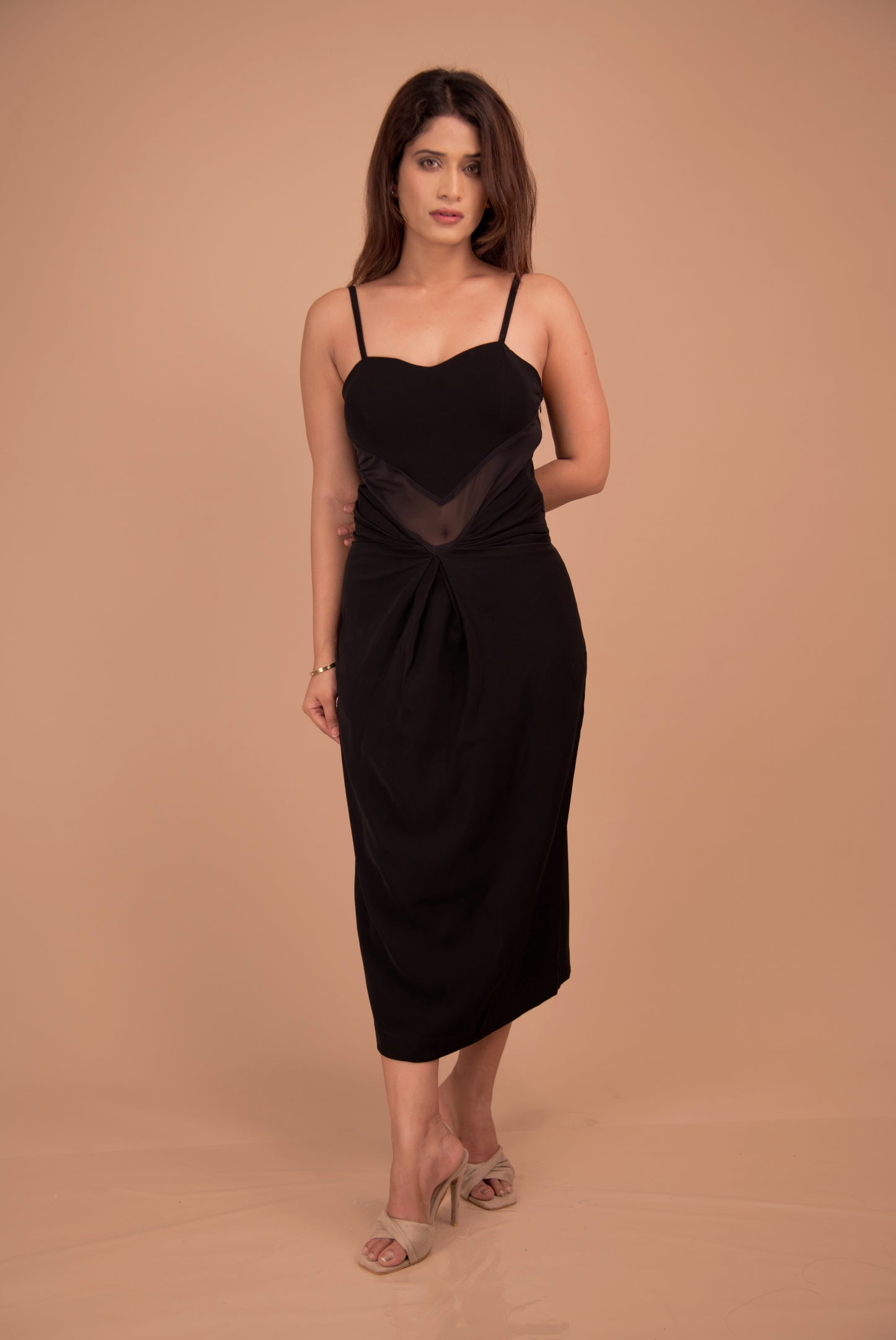 Midnight Knot — Sheer-Inset Cocktail Midi