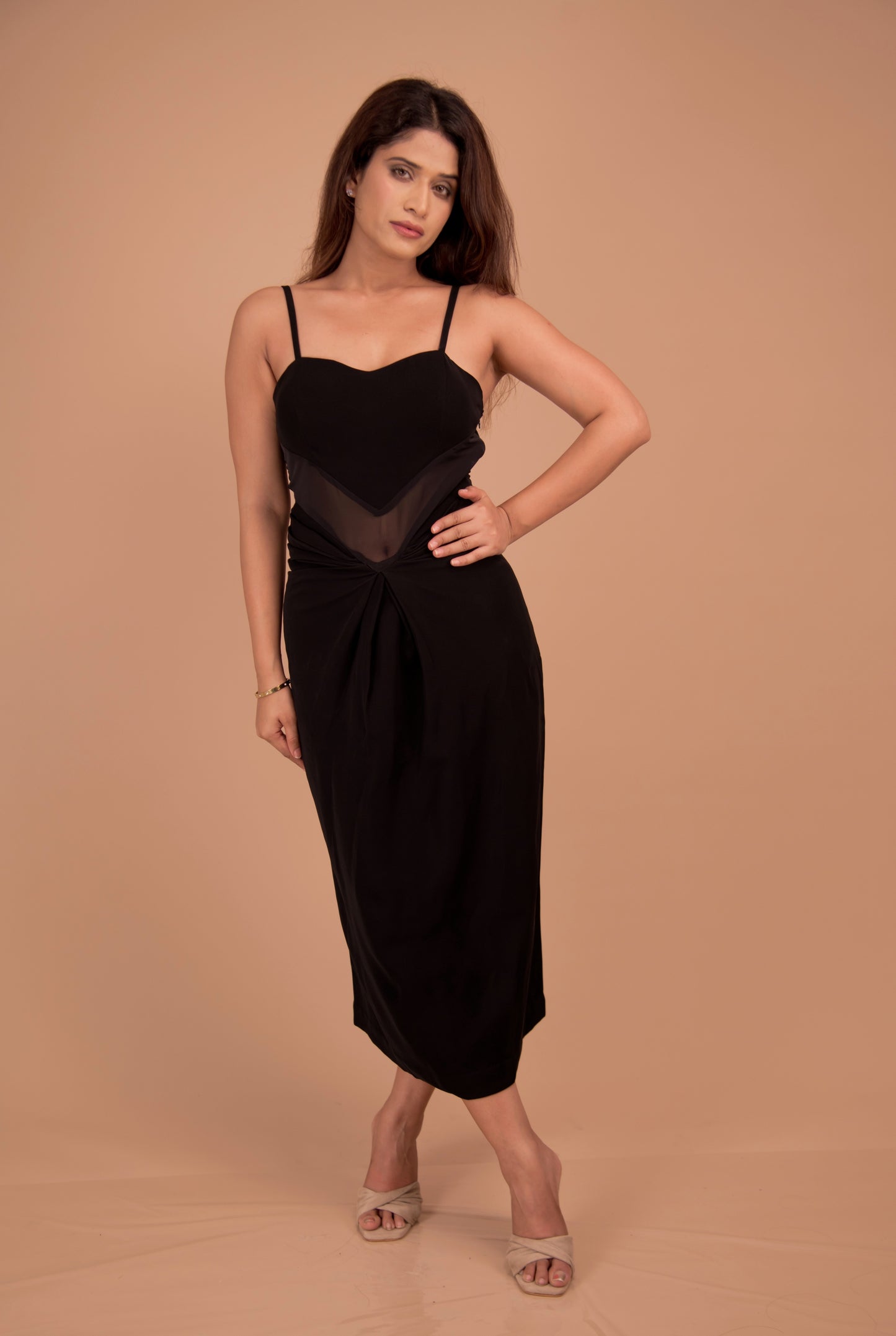 Midnight Knot — Sheer-Inset Cocktail Midi
