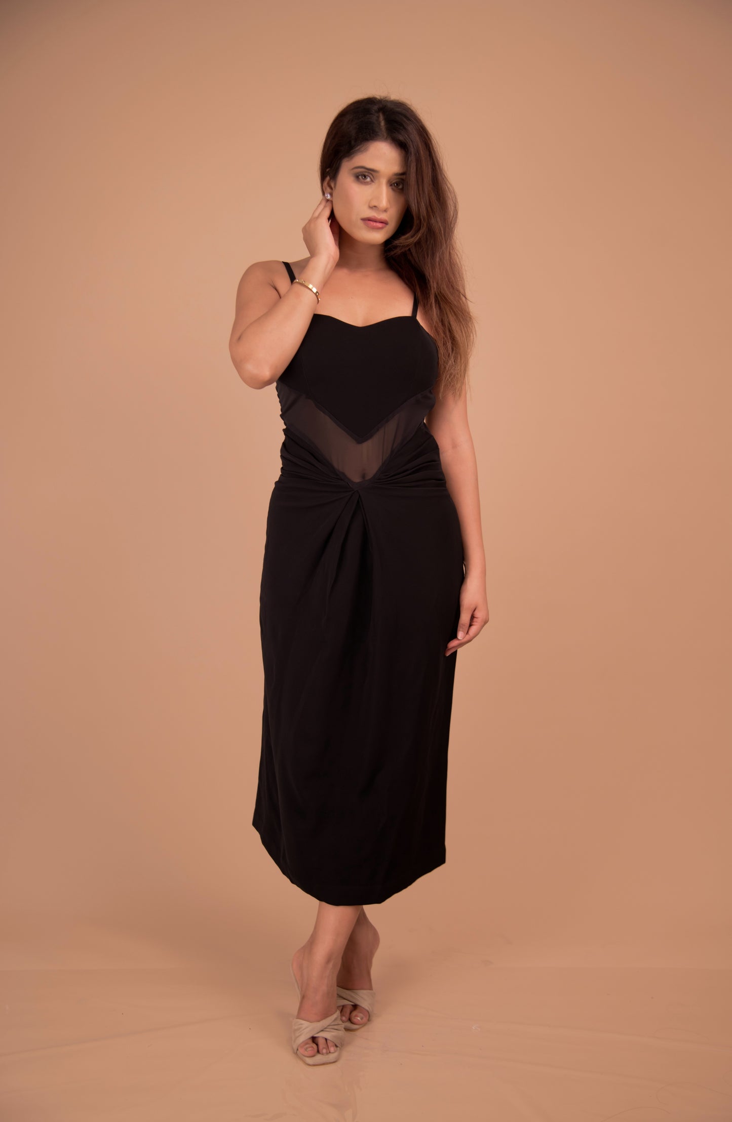 Midnight Knot — Sheer-Inset Cocktail Midi