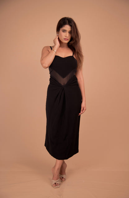 Midnight Knot — Sheer-Inset Cocktail Midi