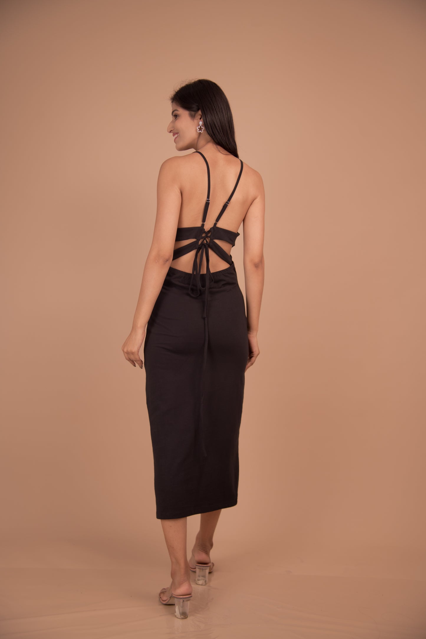 Noir Muse – Backless Strappy Midi Dress in Black Crepe