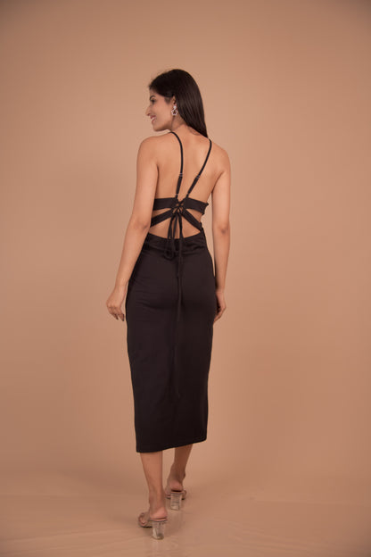 Noir Muse – Backless Strappy Midi Dress in Black Crepe