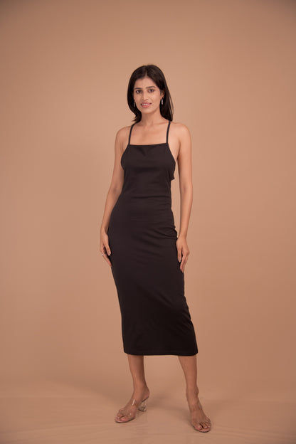 Noir Muse – Backless Strappy Midi Dress in Black Crepe