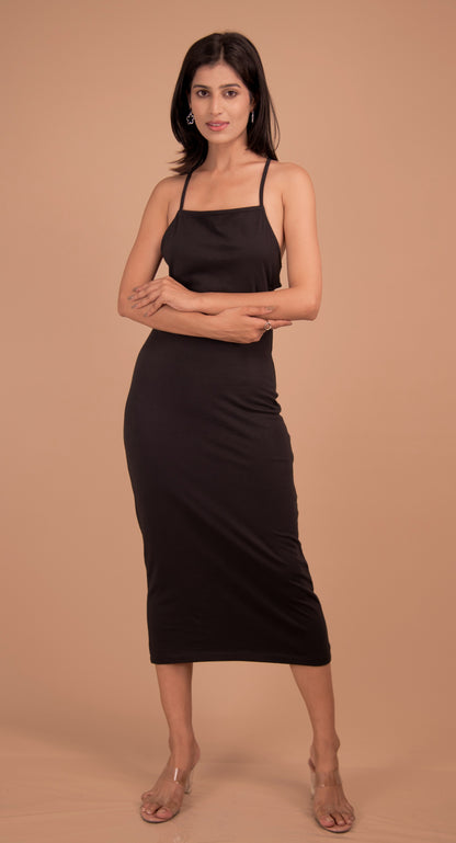 Noir Muse – Backless Strappy Midi Dress in Black Crepe