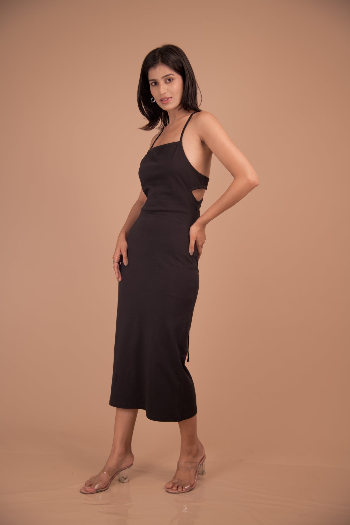 Noir Muse – Backless Strappy Midi Dress in Black Crepe