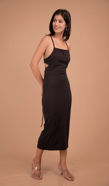 Noir Muse – Backless Strappy Midi Dress in Black Crepe