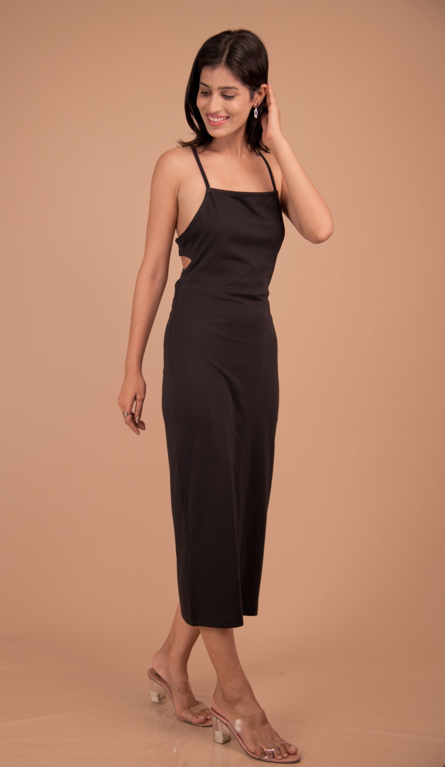 Noir Muse – Backless Strappy Midi Dress in Black Crepe