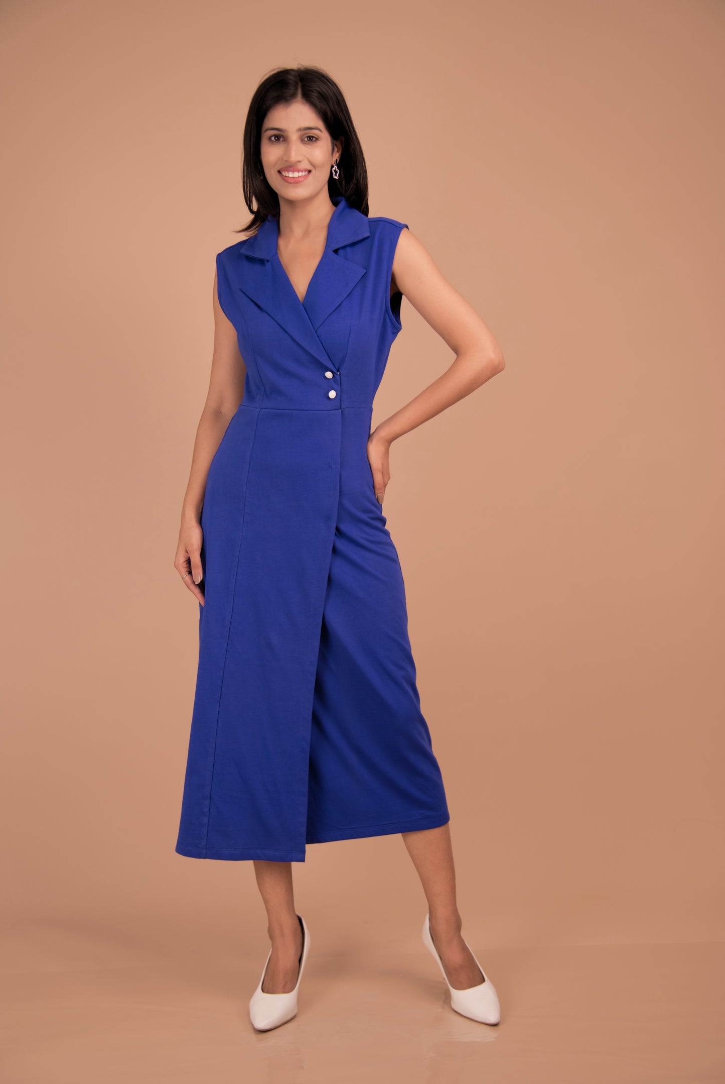 Azure Double-Breasted Cotton Midi Dress