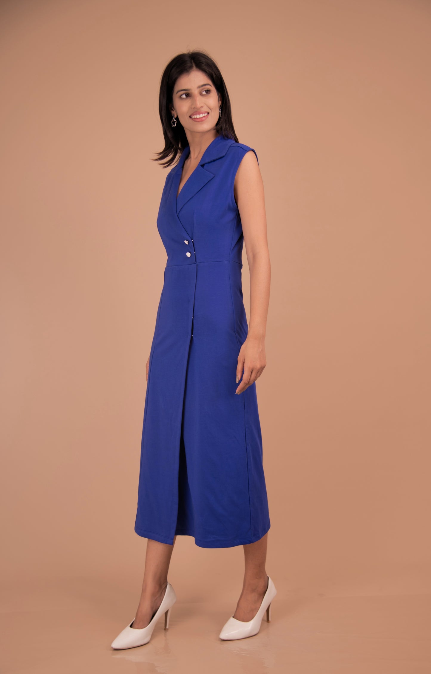Azure Double-Breasted Cotton Midi Dress