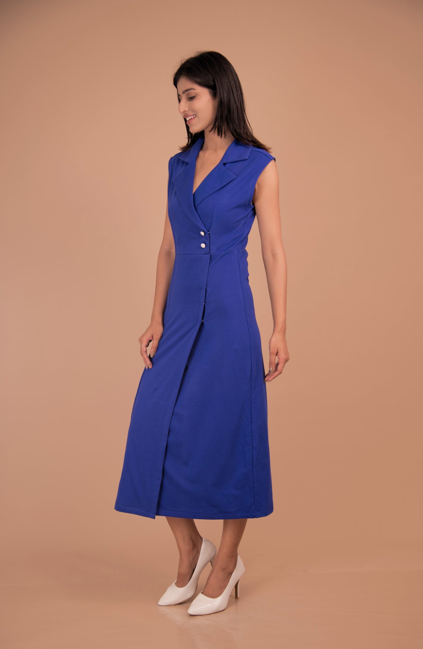 Azure Double-Breasted Cotton Midi Dress