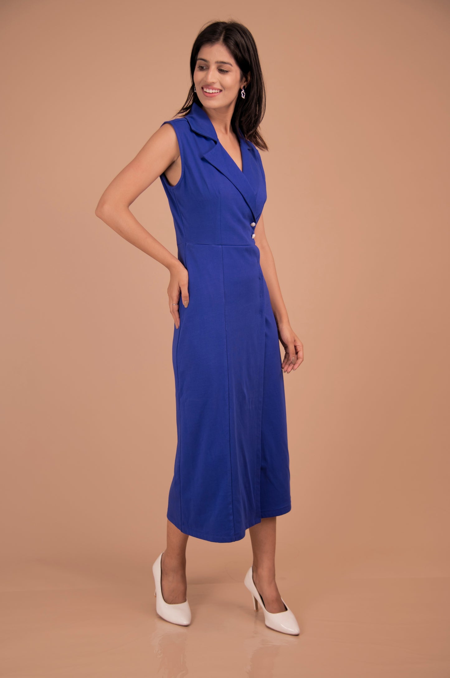 Azure Double-Breasted Cotton Midi Dress