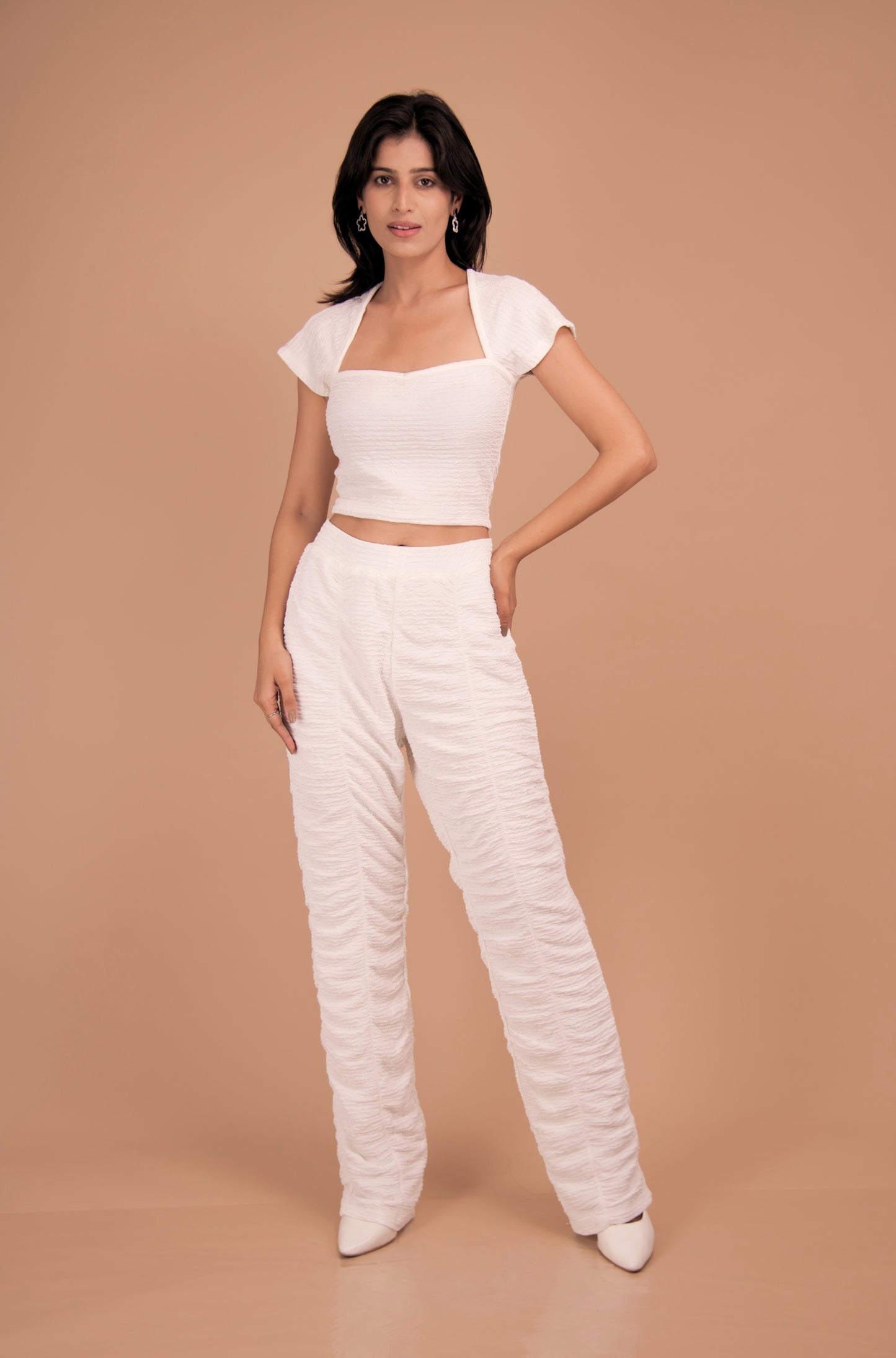 White Ruched Cotton Co-Ord Set