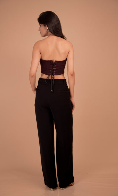 Structured Maroon Corset Top & Black Wide-Leg Trouser Set