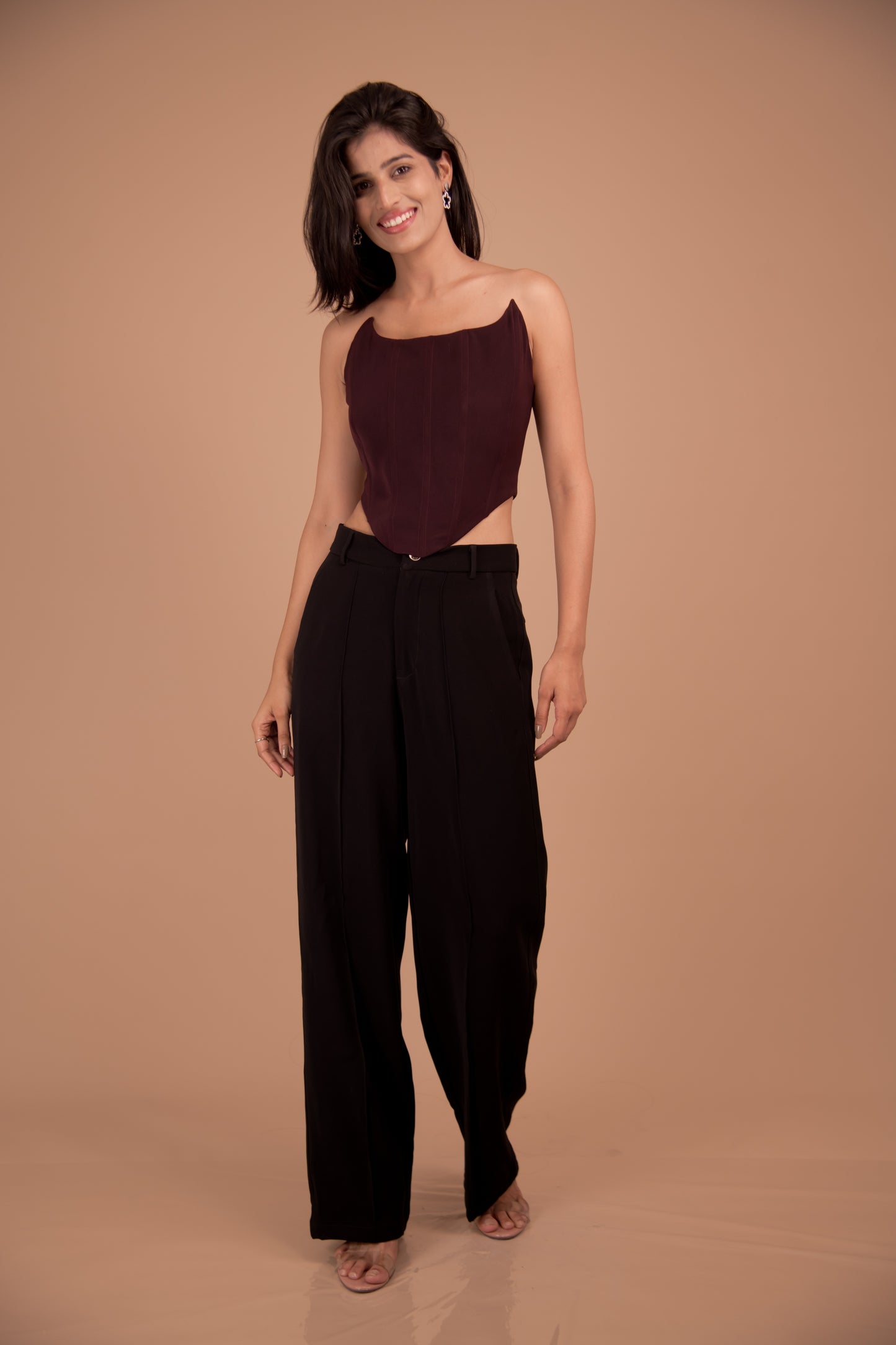 Structured Maroon Corset Top & Black Wide-Leg Trouser Set