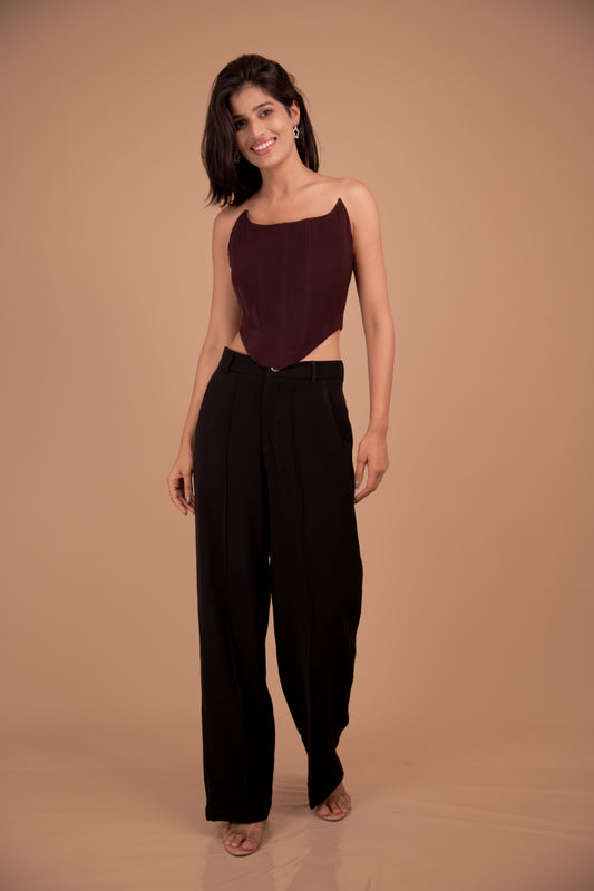 Structured Maroon Corset Top & Black Wide-Leg Trouser Set