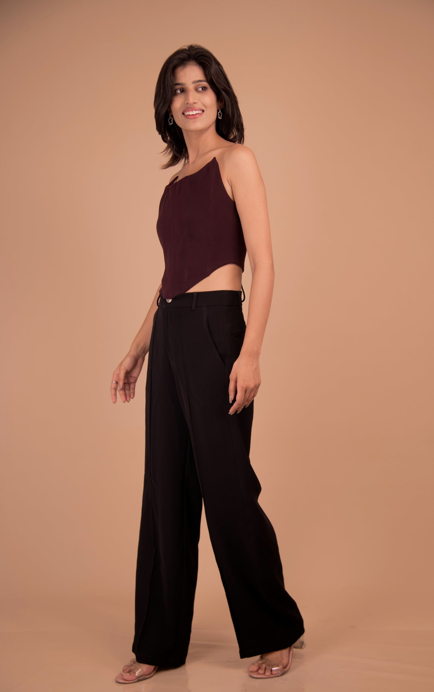 Structured Maroon Corset Top & Black Wide-Leg Trouser Set