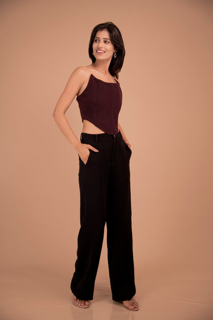 Structured Maroon Corset Top & Black Wide-Leg Trouser Set