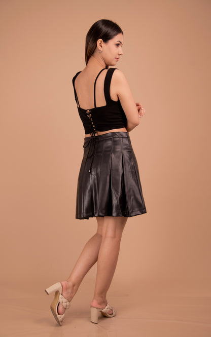 Black Leather Bustier Top & Pleated Mini Skirt Co-Ord
