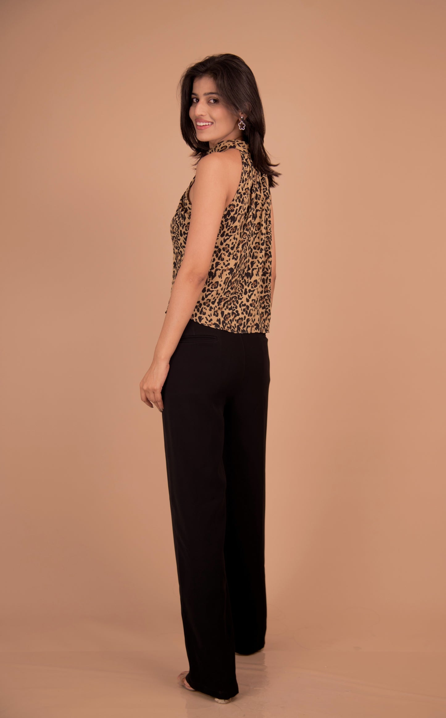 Leopard Print Halter Neck Top with Black Wide-Leg Trousers