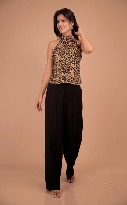Leopard Print Halter Neck Top with Black Wide-Leg Trousers