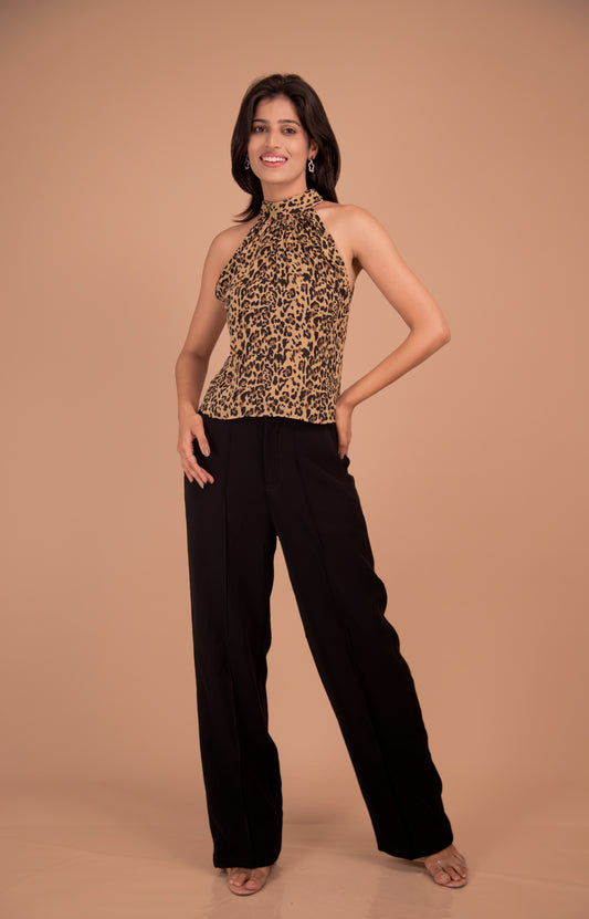 Leopard Print Halter Neck Top with Black Wide-Leg Trousers