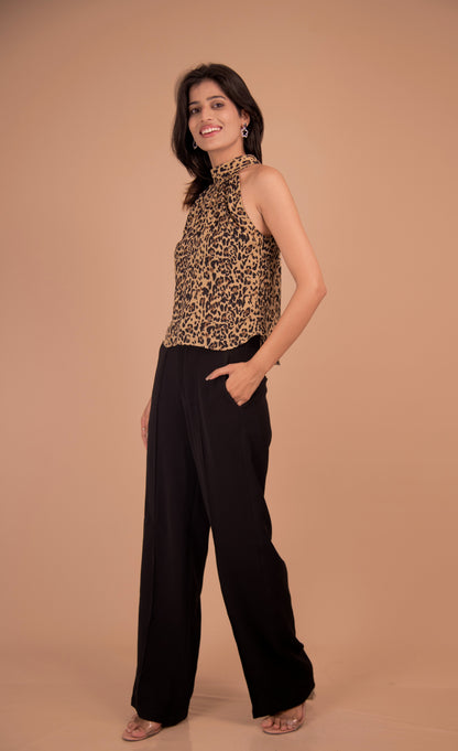 Leopard Print Halter Neck Top with Black Wide-Leg Trousers