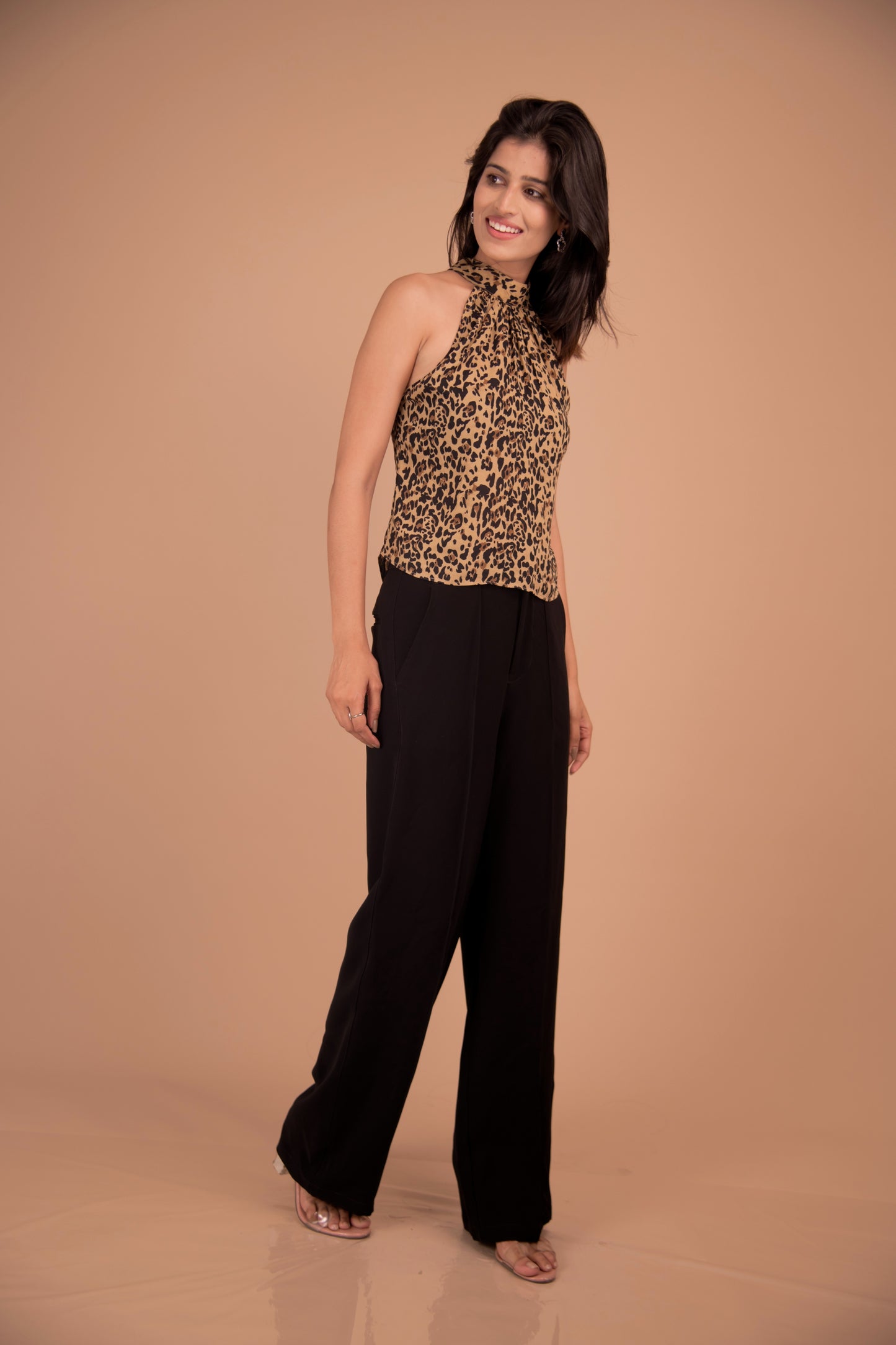 Leopard Print Halter Neck Top with Black Wide-Leg Trousers