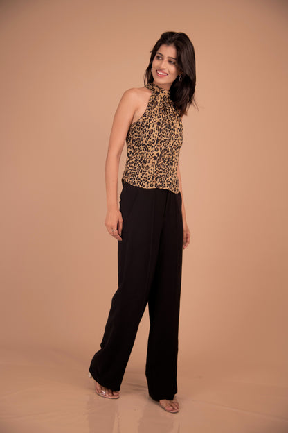 Leopard Print Halter Neck Top with Black Wide-Leg Trousers