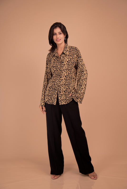 Leopard Print Button-Down Shirt with Black Wide-Leg Pants