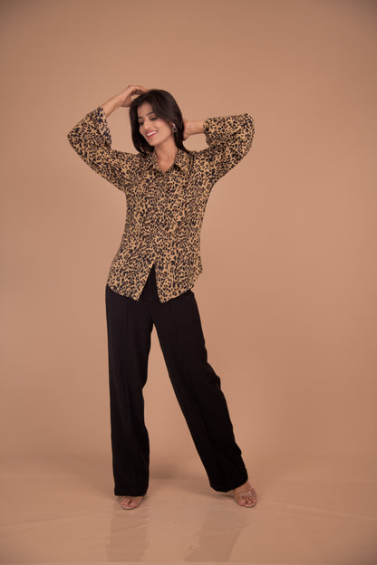 Leopard Print Button-Down Shirt with Black Wide-Leg Pants
