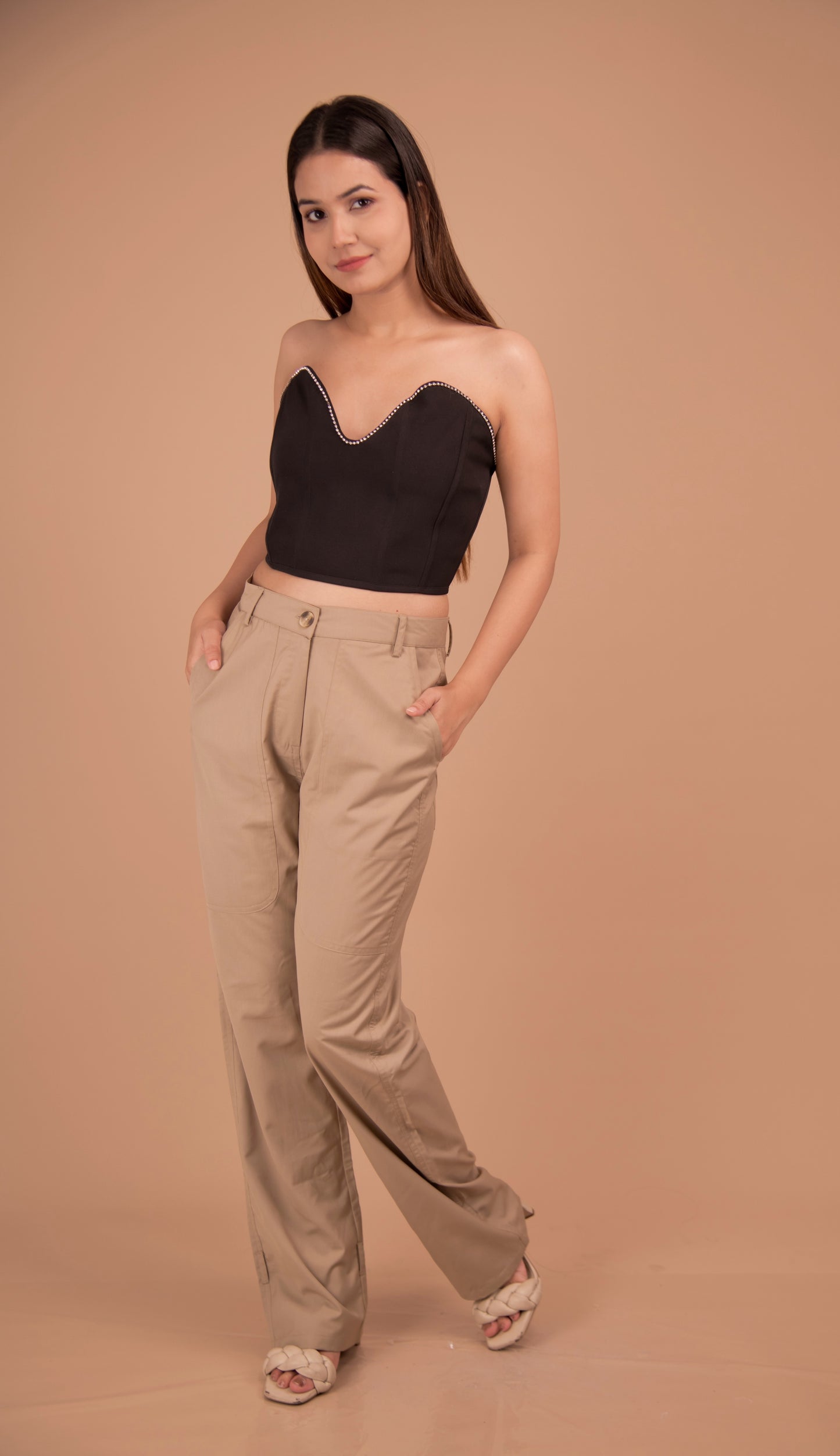 Sweetheart Neckline Corset Top with Tailored Cotton Trousers
