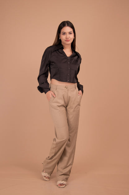 Cropped Satin Shirt & Tailored Cotton Trousers