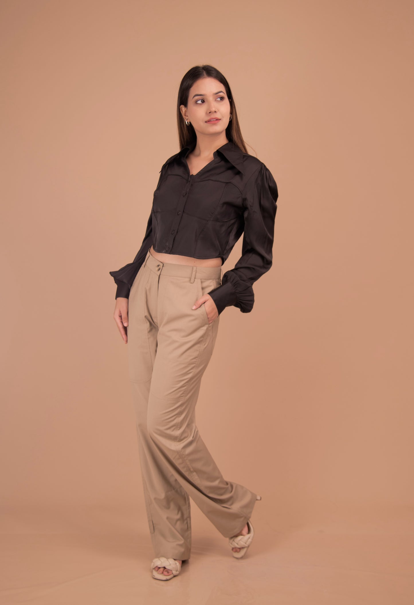 Cropped Satin Shirt & Tailored Cotton Trousers